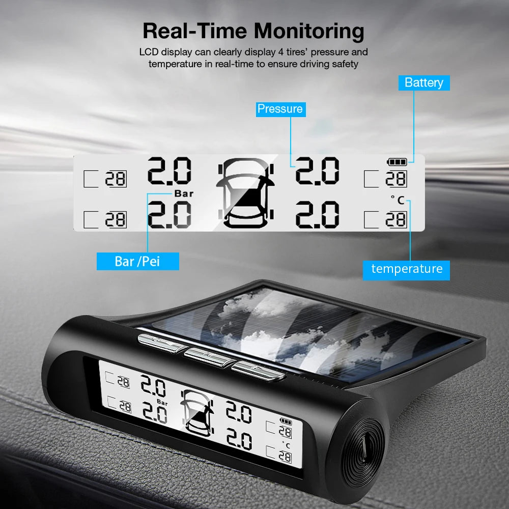 Solar Smart TPMS – 4-Sensor Tire Pressure & Temperature Monitor