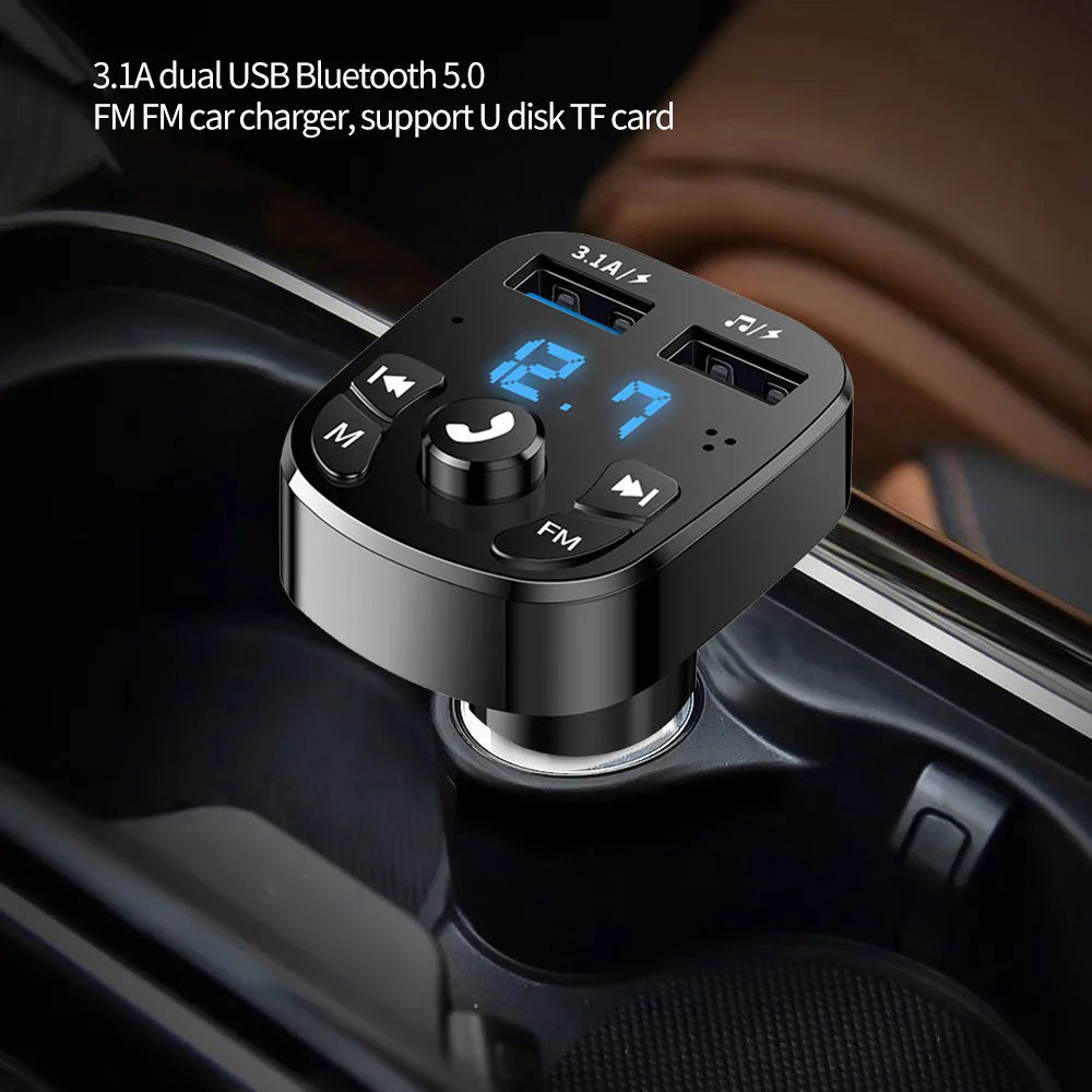 Enhanced Bluetooth 5.0 FM Transmitter Car Kit with Dual USB Charger & MP3 Modulator - Hands-Free Music Streaming & TF Card/AUX Support