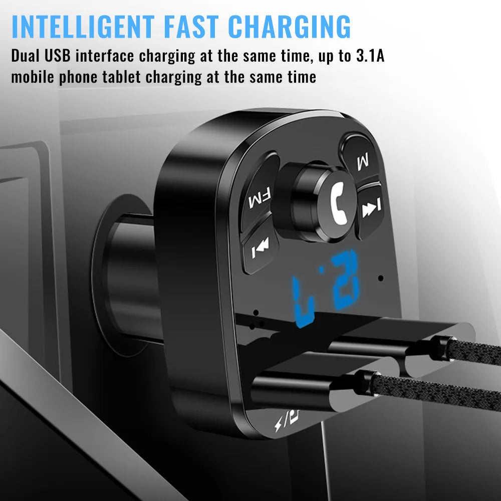 Enhanced Bluetooth 5.0 FM Transmitter Car Kit with Dual USB Charger & MP3 Modulator - Hands-Free Music Streaming & TF Card/AUX Support