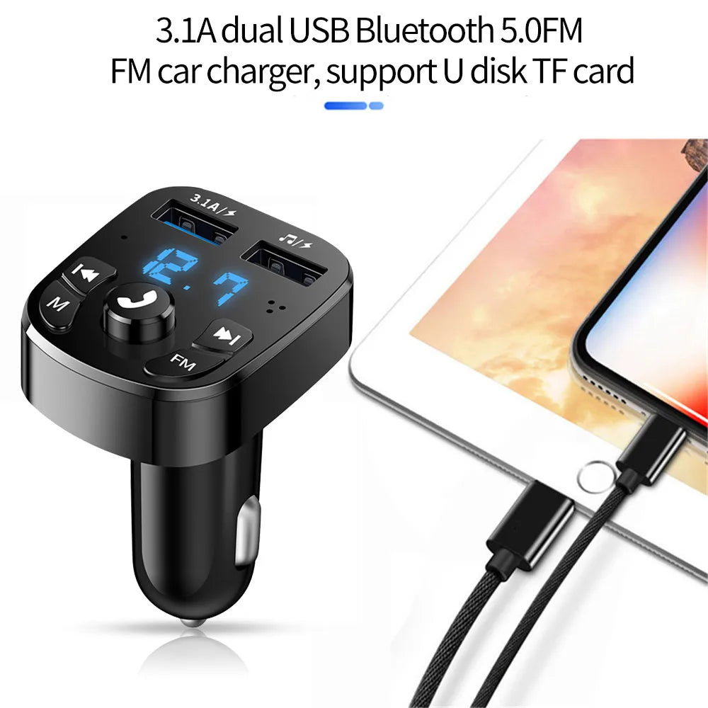 Enhanced Bluetooth 5.0 FM Transmitter Car Kit with Dual USB Charger & MP3 Modulator - Hands-Free Music Streaming & TF Card/AUX Support